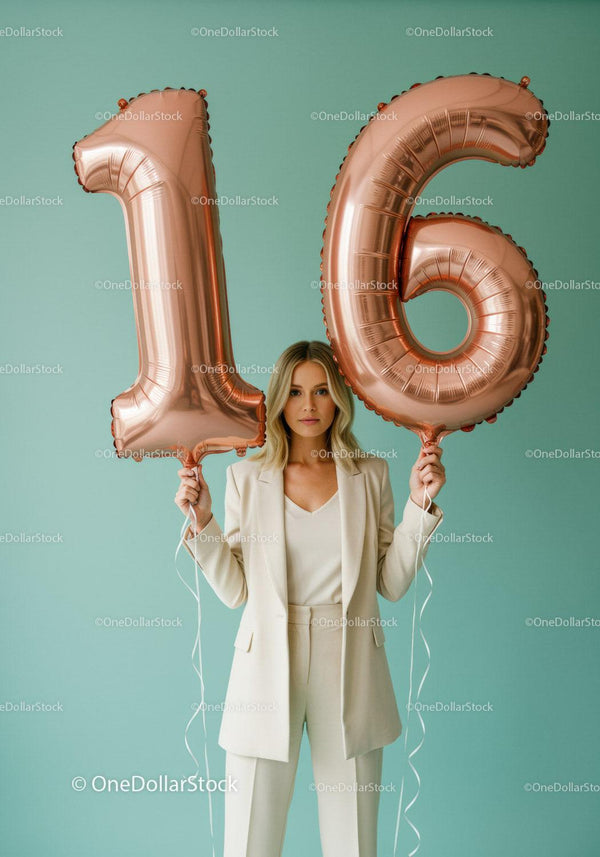 Young woman holding rose gold 16th birthday balloons