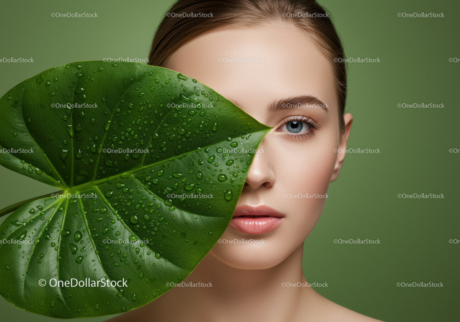 Close-up of Woman with Green Leaf Covering Eye and Dewy Water Droplets