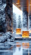 Modern Indoor Hot Spring Pool with Stone Walls and Warm Lighting