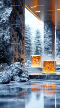 Modern Indoor Hot Spring Pool with Stone Walls and Warm Lighting