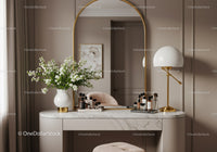 Elegant vanity table with flowers and makeup products