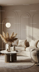 Cozy beige living room with pampas and modern decor
