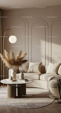 Cozy beige living room with pampas and modern decor