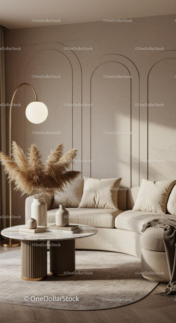 Cozy beige living room with pampas and modern decor