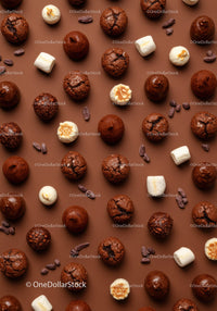 Assorted chocolate truffles and marshmallows on brown background