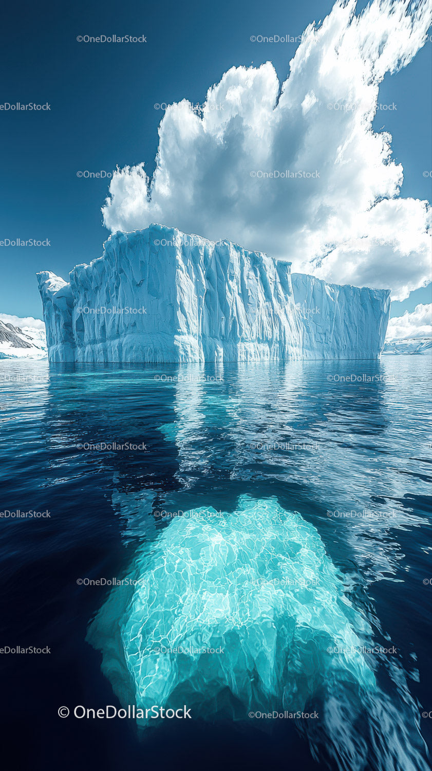 Majestic Blue Iceberg in Cold Arctic Ocean with Snowy Sky