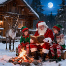 Santa Reading to Elves by Campfire on Snowy Winter Night