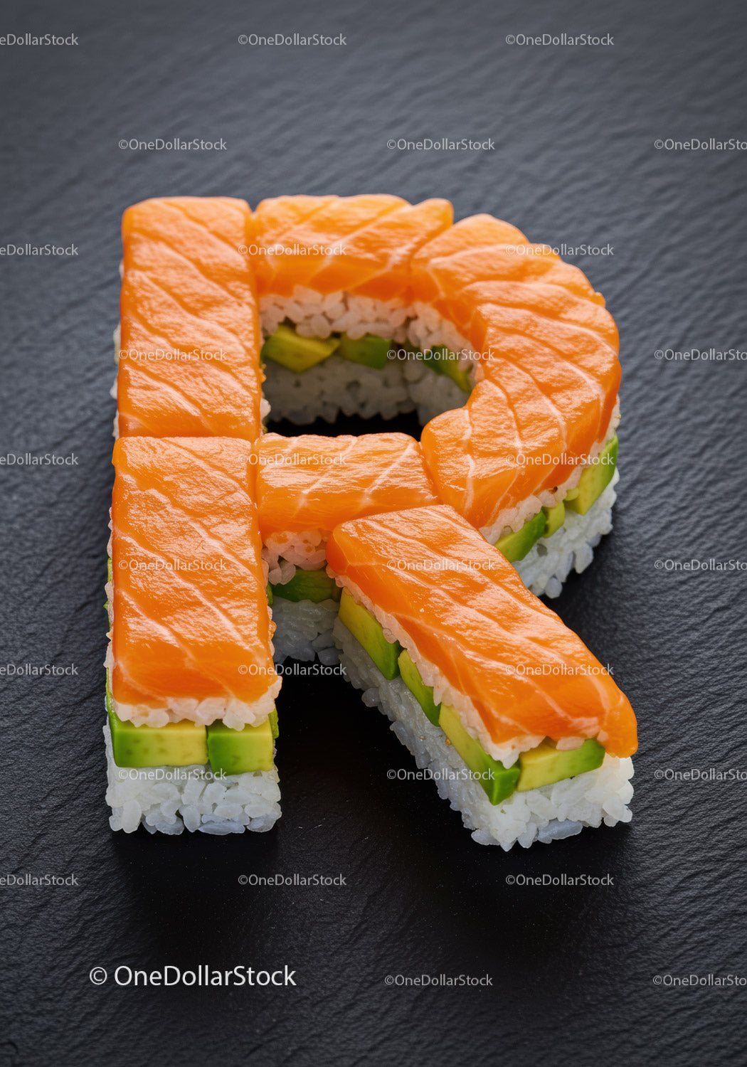 Letter R Crafted from Fresh Sushi with Salmon and Avocado