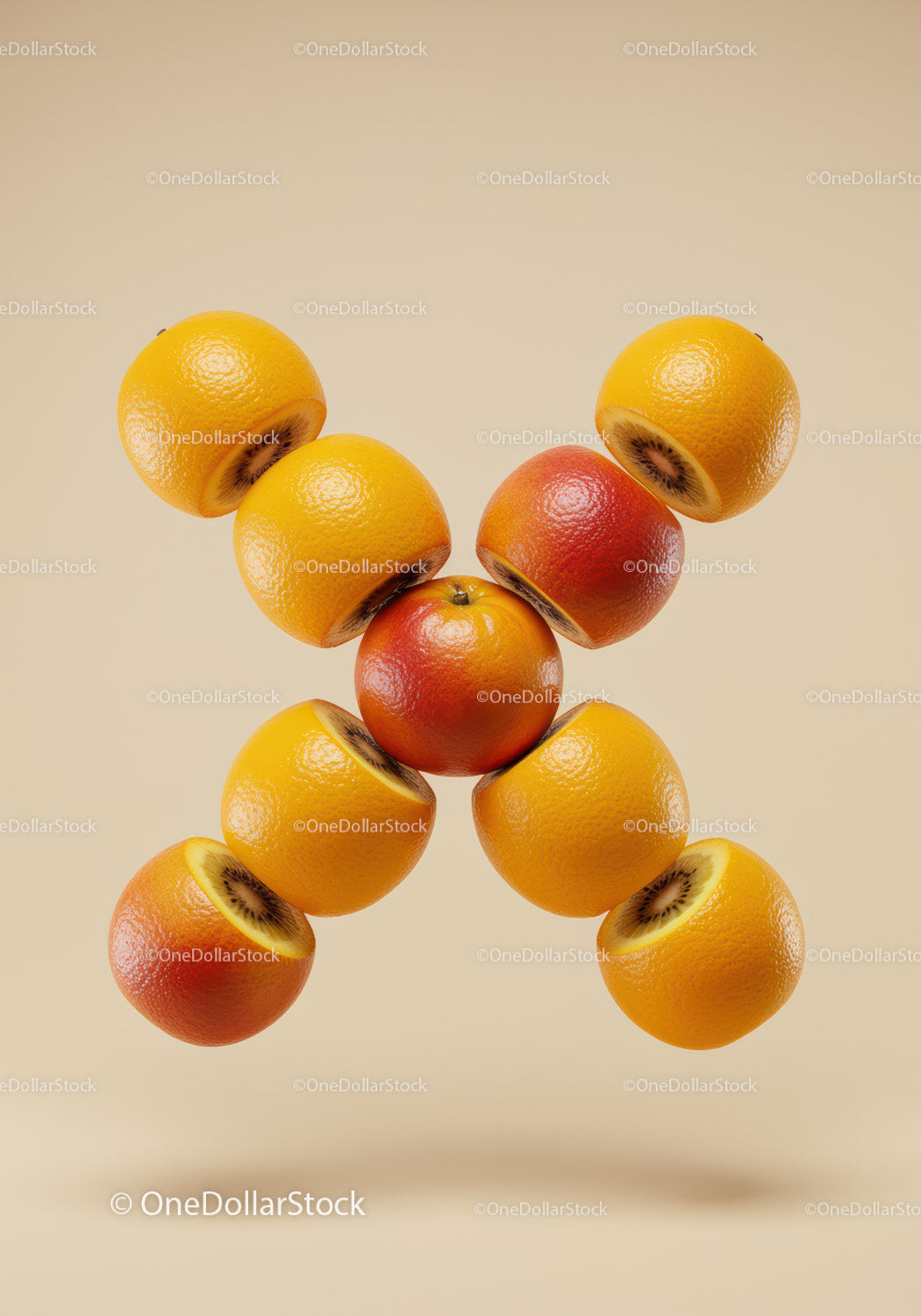 Creative arrangement of oranges with kiwi inside halves