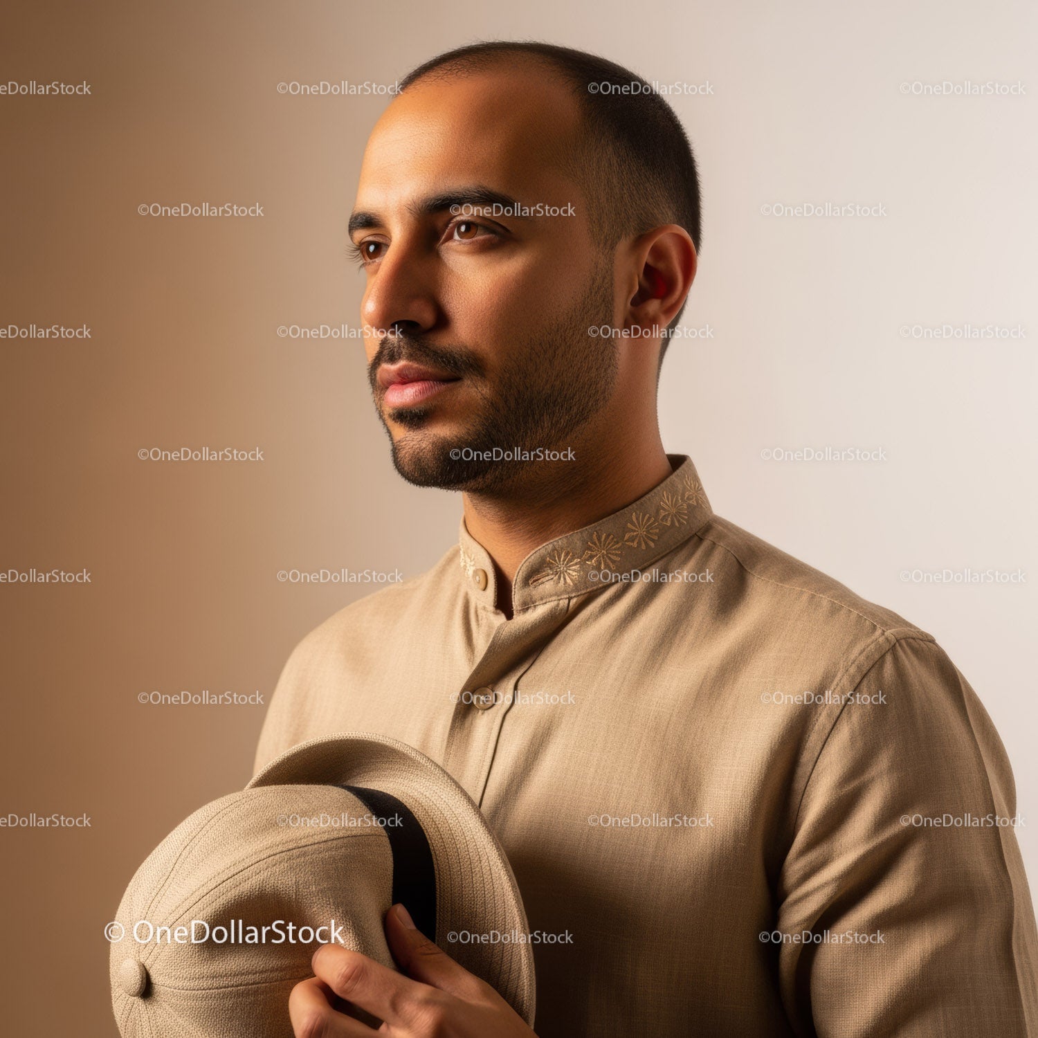 Stylish Male Portrait in Beige Shirt Holding Hat with Confident Expression