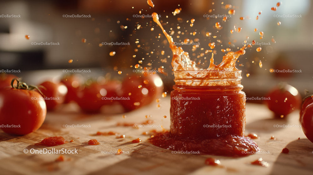 Close-Up of Tomato Sauce Splash with Ripe Tomatoes and Jar