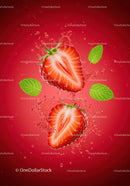 Fresh strawberry halves splashing with mint leaves