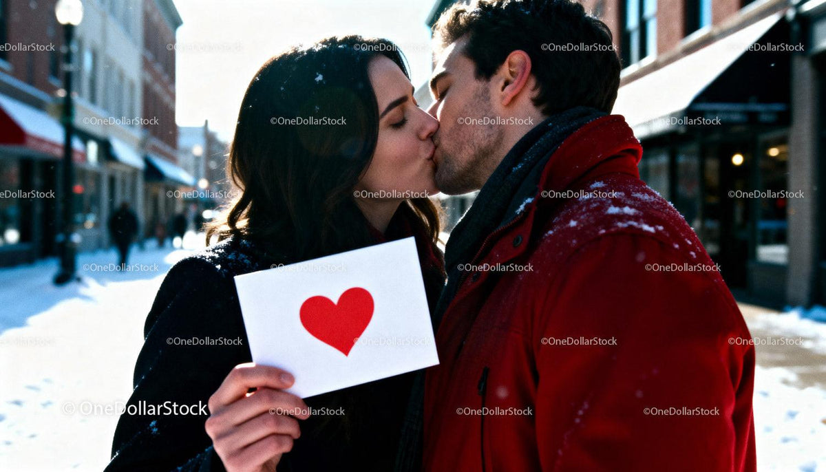 Couple Sharing a Romantic Kiss Holding Heart Card Outdoors