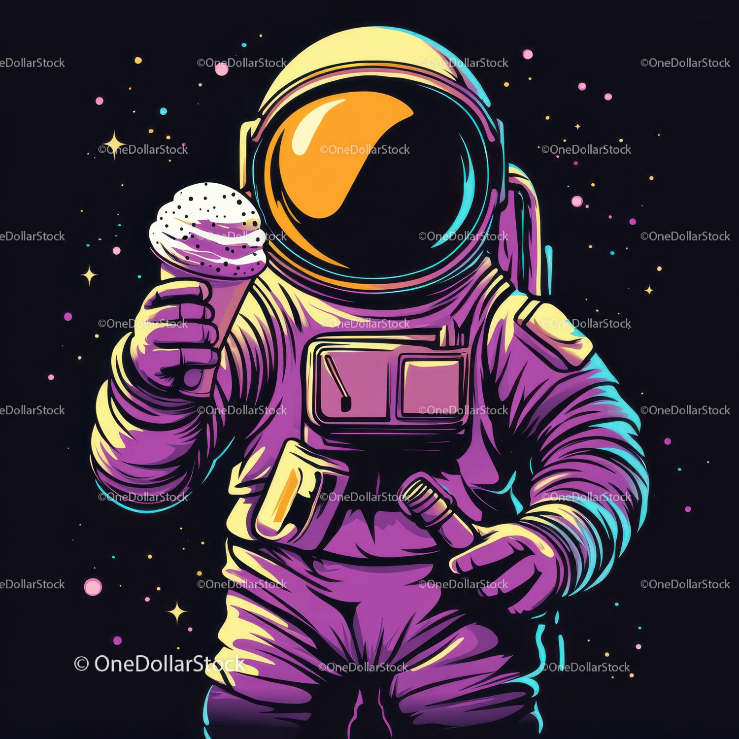 Colorful Astronaut Holding Ice Cream in Space with Galaxy Reflection
