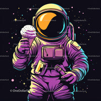 Colorful Astronaut Holding Ice Cream in Space with Galaxy Reflection