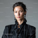 Elegant Woman in Black Satin Blouse with Earrings and Confident Expression