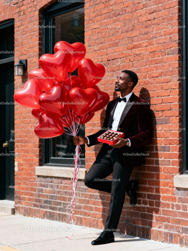 Man in tuxedo holding heart balloons and chocolates