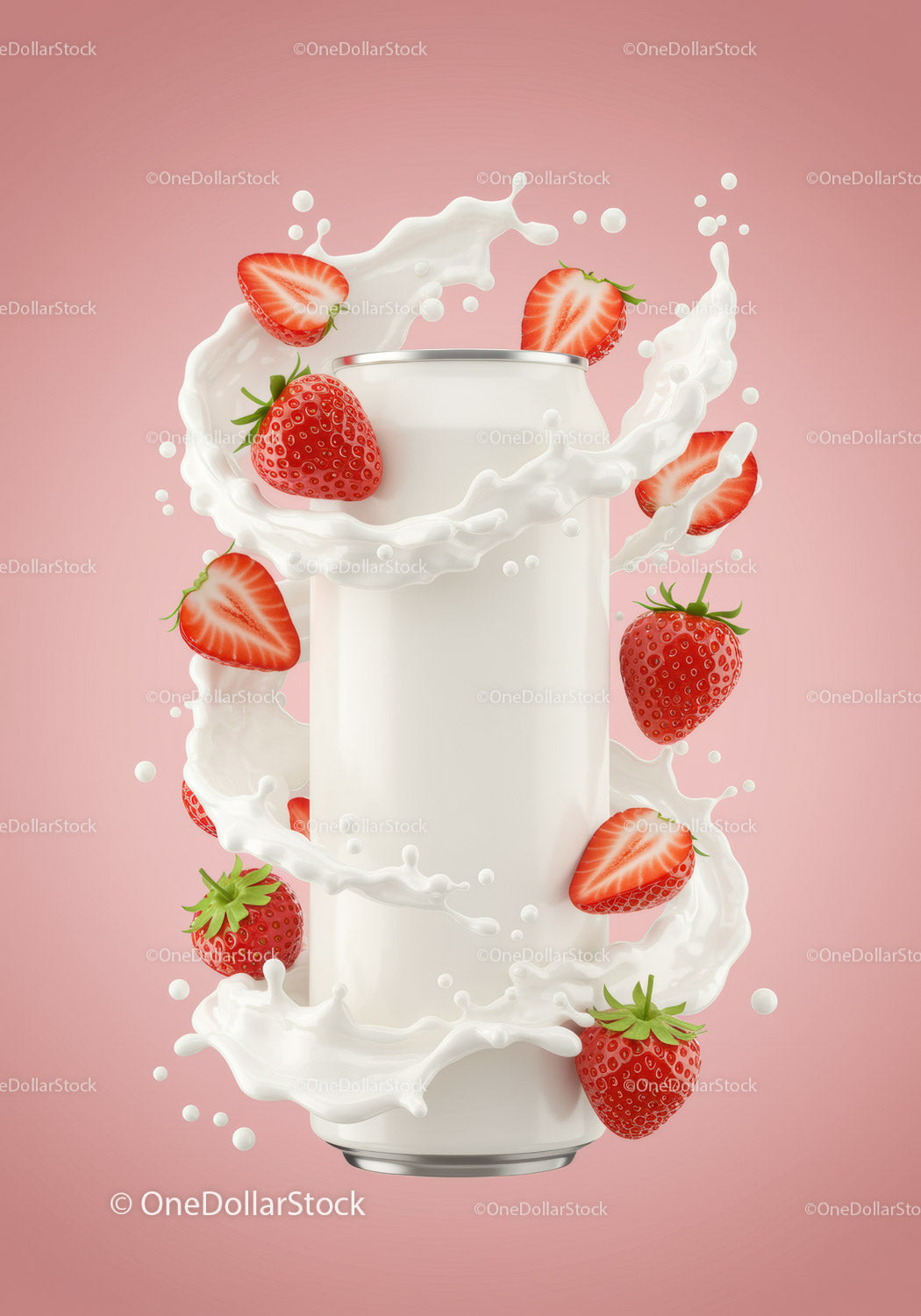 Fresh strawberry splash around white beverage can