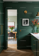 Modern Green Kitchen with Floral Decor and Stylish Wall Art