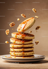 Stack of fluffy pancakes with syrup and walnuts