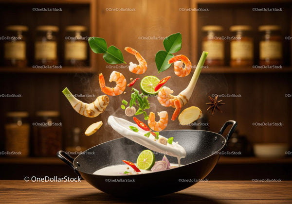 Świeże krewetki i aromatyczne zioła na patelni stir fry