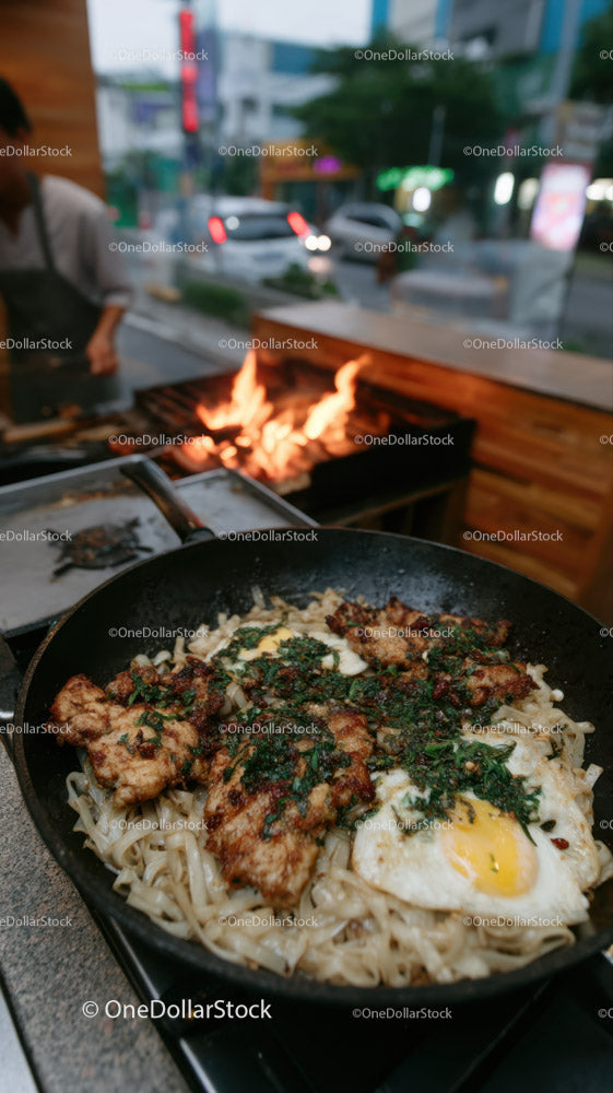Street Food Sizzling Noodles with Fried Egg and Grilled Meat