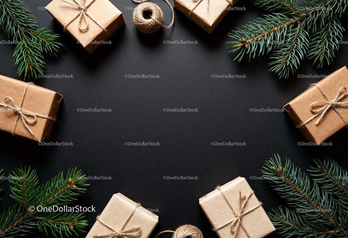 Eco Friendly Wrapped Gifts with Pine Branches on Black