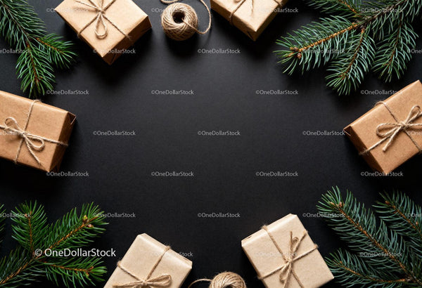 Eco Friendly Wrapped Gifts with Pine Branches on Black