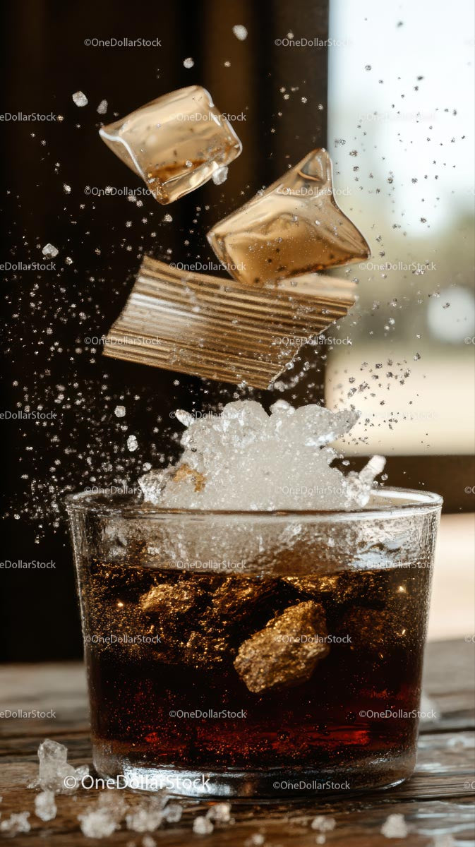 Frozen Ice Cubes Splash Into Cold Soda Glass in Dynamic Action