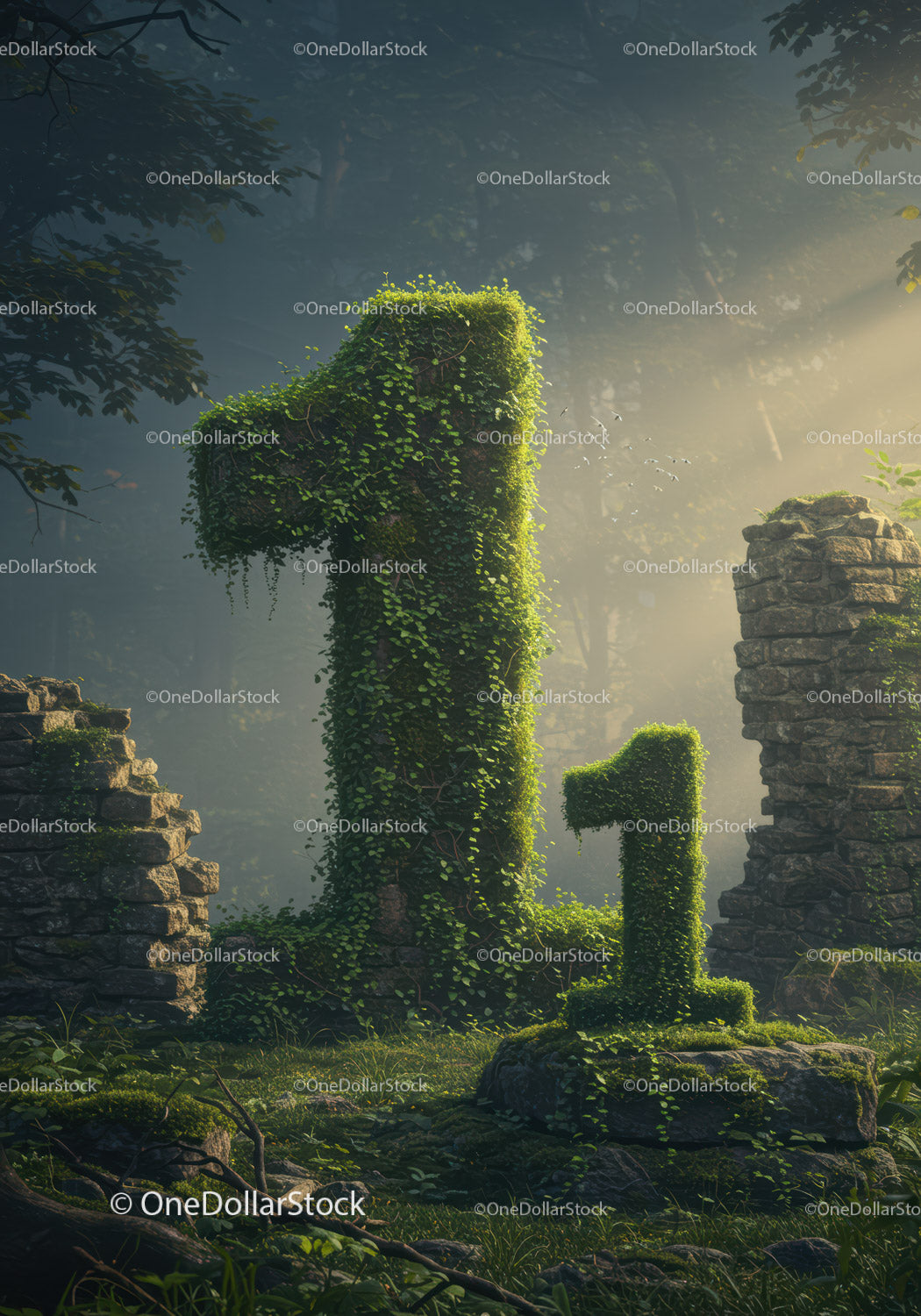 Moss Covered Number One Sculptures in Forest Ruins