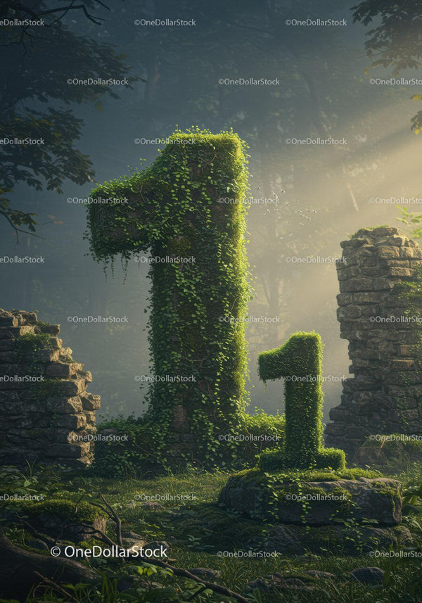 Moss Covered Number One Sculptures in Forest Ruins