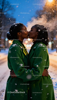 Couple sharing a tender kiss outdoors in winter snow