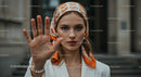 Elegant Woman in Stylish Scarf Posing Confidently Outdoors