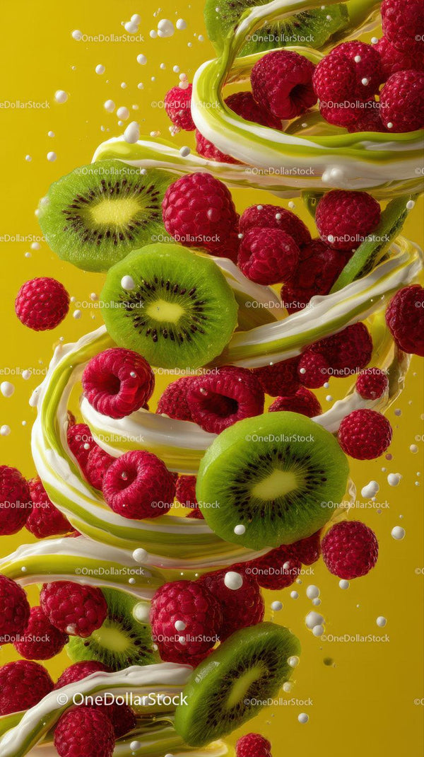 Fresh Kiwi and Raspberries Splash with Milk on Bright Yellow Background
