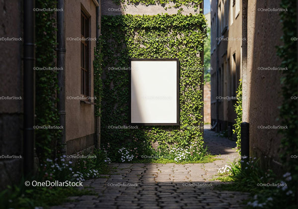 Blank Signboard on Ivy Covered Wall in Quiet Alleyway JPG Mockup Image