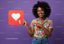 Vibrant Young Woman Holding Like Icon in Bright Casual Outfit