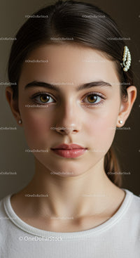 Elegant Young Woman with Brown Eyes and Pearl Hairpin