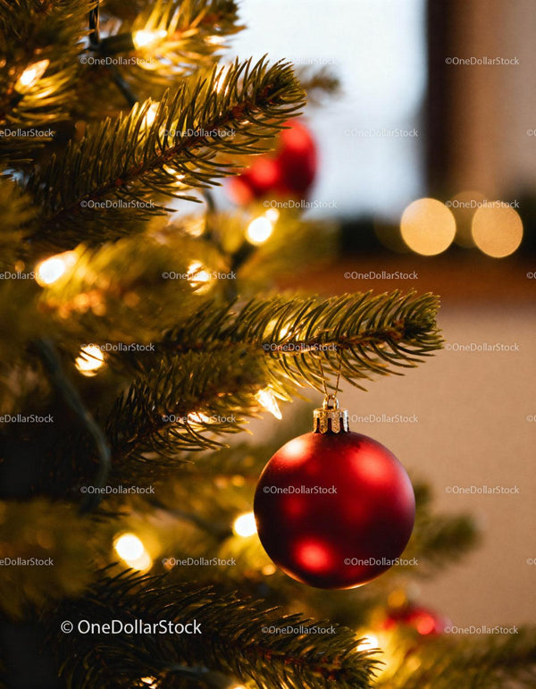 Red Christmas Ornament Hanging on Festive Pine Tree