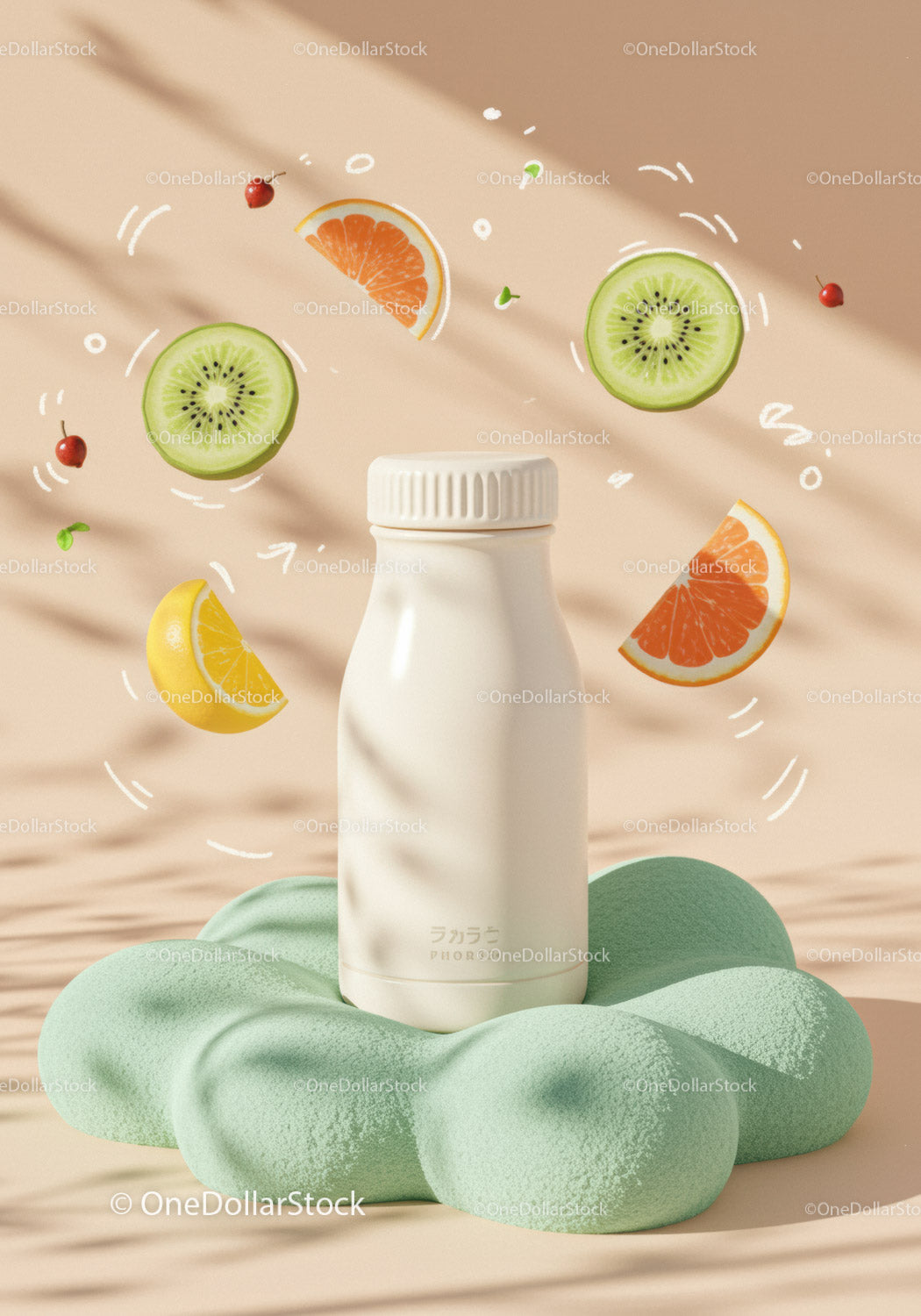 Minimalist white bottle with fresh fruit slices