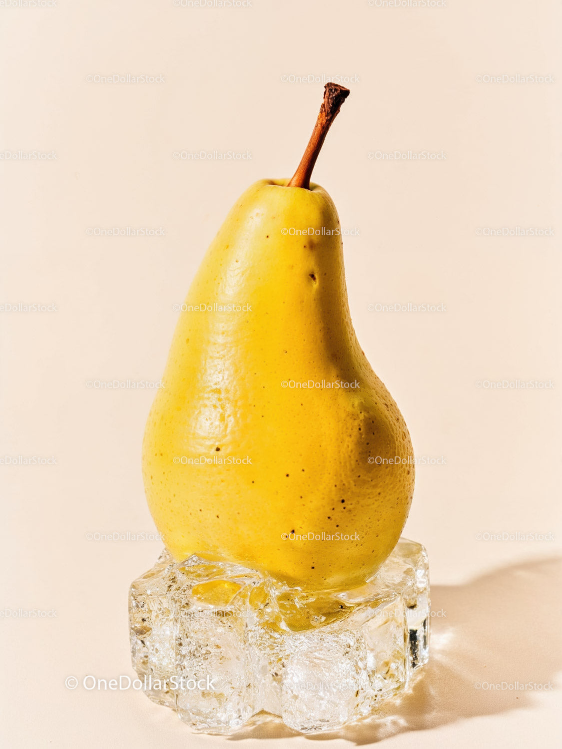 Ripe yellow pear balanced on melting ice cube