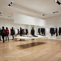 Modern minimalist clothing store interior with shoppers