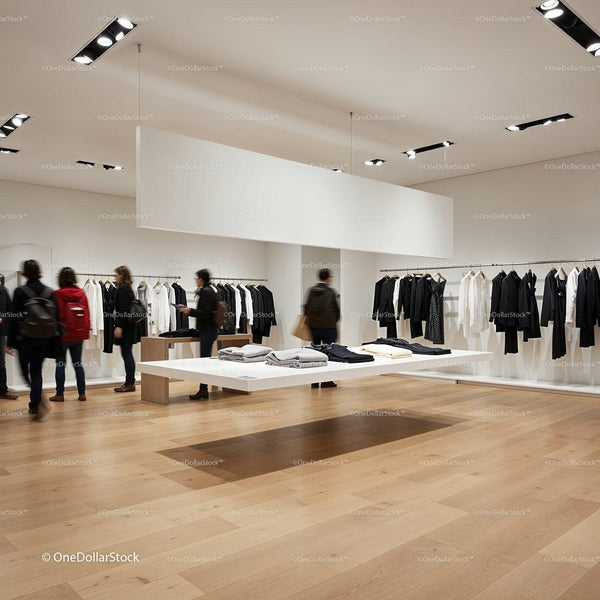 Modern minimalist clothing store interior with shoppers JPG Mockup Image