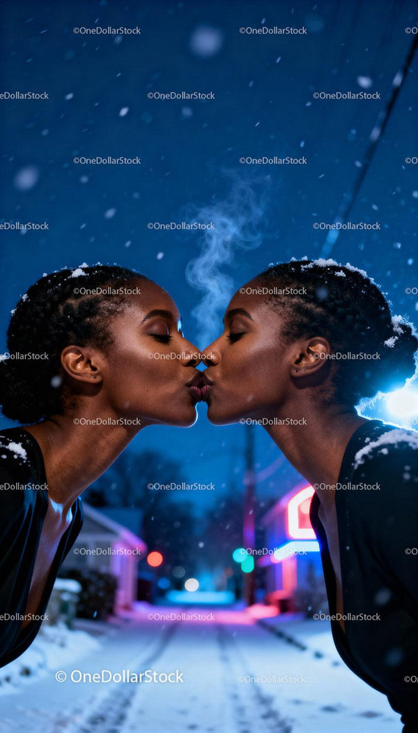 Couple Sharing a Kiss on Snowy Winter Night