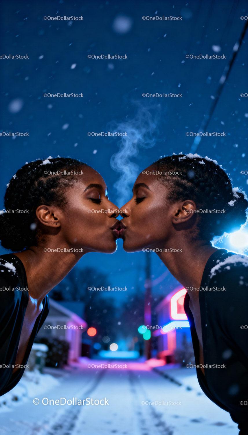 Couple Sharing a Kiss on Snowy Winter Night