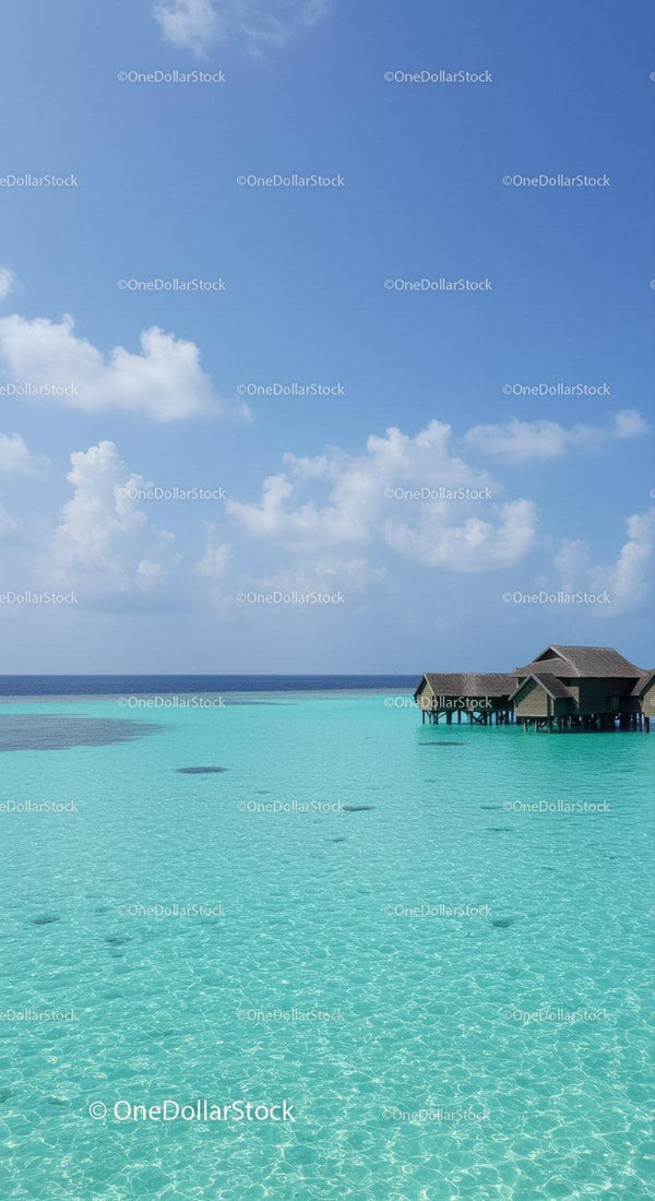 Turquoise Ocean with Overwater Bungalows and Clear Blue Sky Scenic View