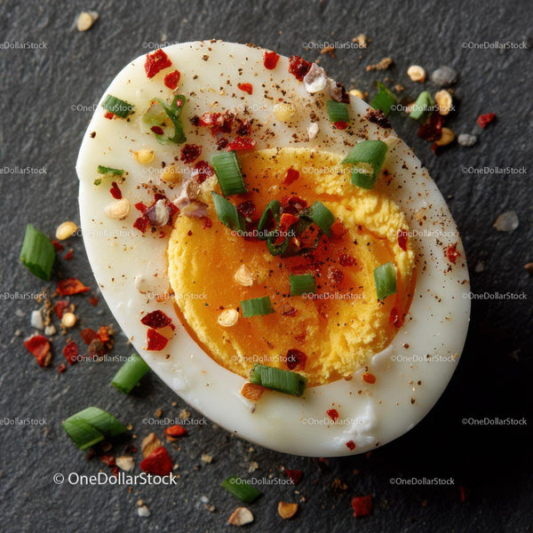 Close-Up of Halved Hard-Boiled Egg with Spicy Garnish