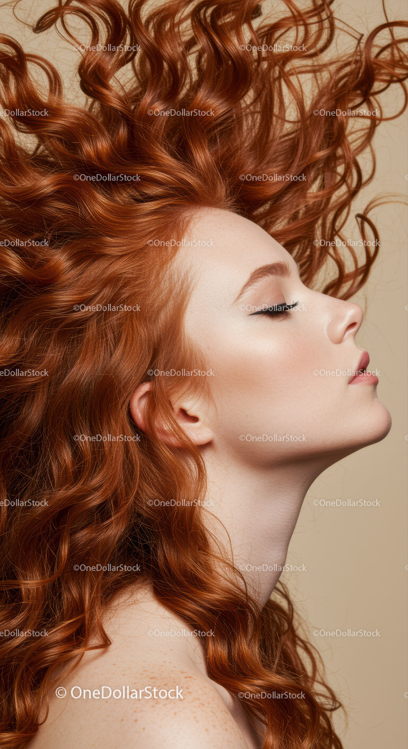 Profile of Woman with Flowing Red Curly Hair