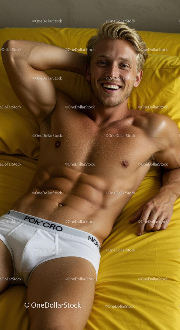 Smiling young man relaxing on yellow bedding in white underwear