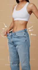 Young Woman Measuring Loose Jeans in Casual Fitness Outfit