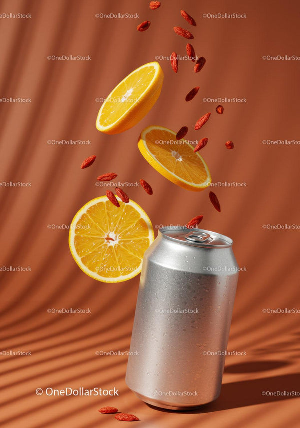 Refreshing beverage can with floating citrus and berries